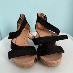 Dr.Scholls Beige Wedge Black Straps Sandal Woman Size 7